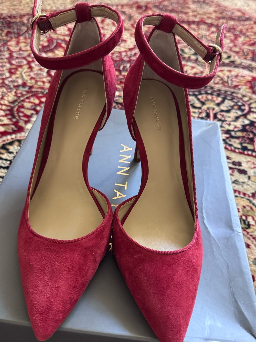 Ann Taylor Red Suede Pointed-Toe Ankle-Strap Heels, size 7